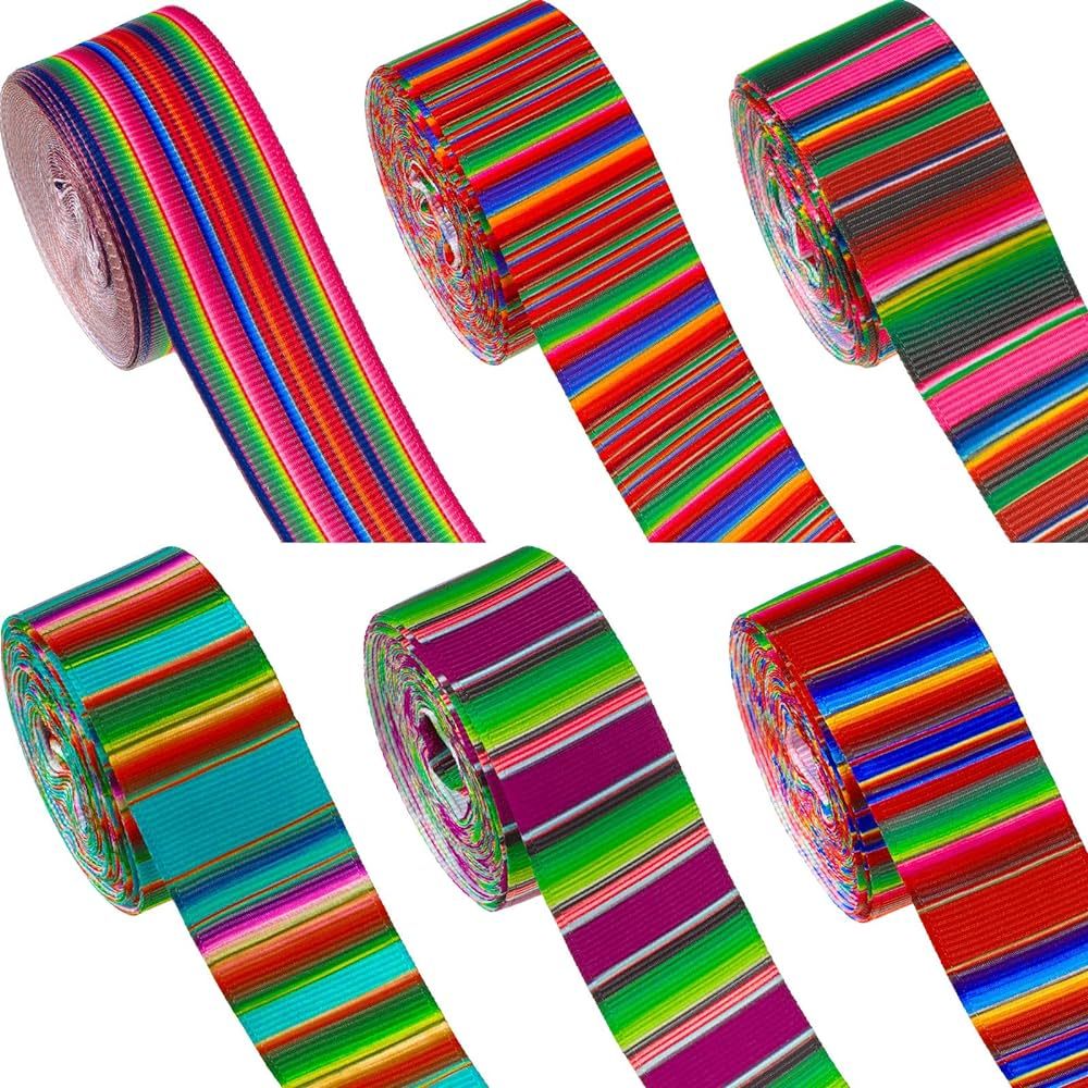 6 Pieces Fiesta Ribbon Mexican Serape Ribbon Rainbow Stripes Grosgrain Ribbon Mexican Theme Color... | Amazon (US)