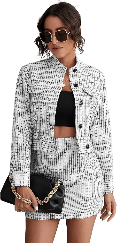 SweatyRocks Women's Business Suit 2 Pieces Tweed Blazer Jacket Coat and Skirt Set | Amazon (US)