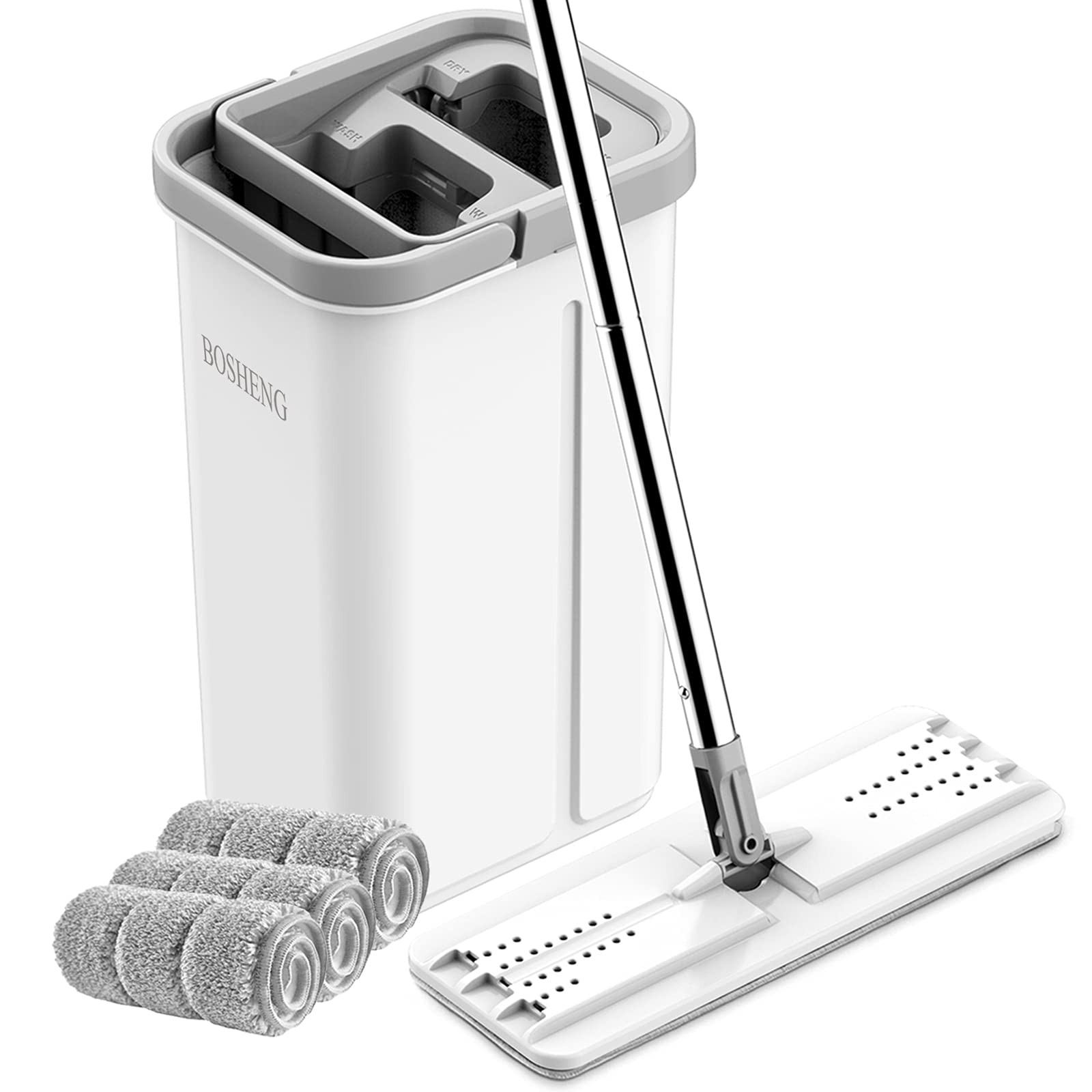 BOSHENG Mop and Bucket with Wringer Set, Hands Free Flat Floor Mop and Bucket, 3 Washable Microfi... | Amazon (US)