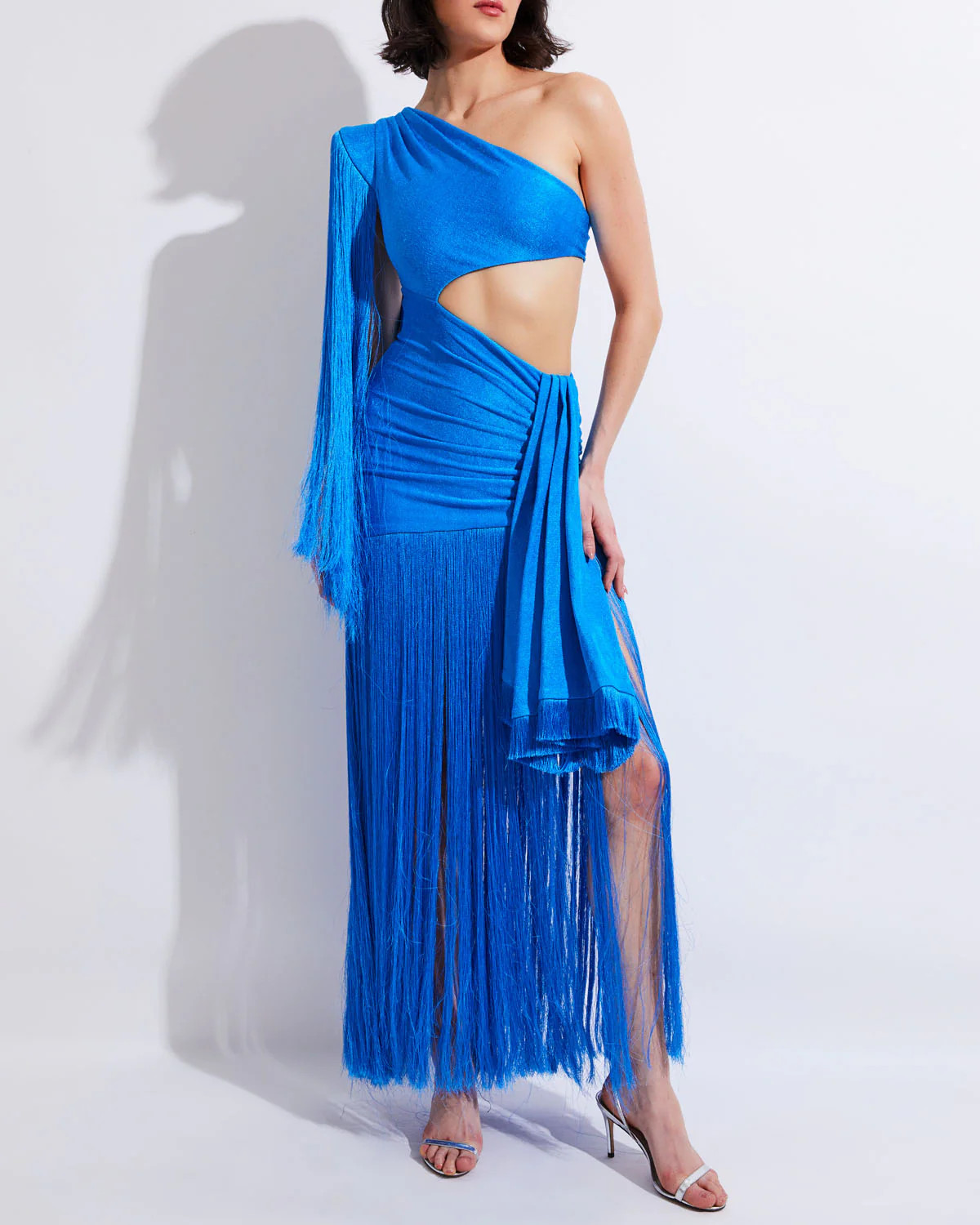 FRINGE TRIM ONE SHOULDER MAXI DRESS (RUNWAY) | PatBO