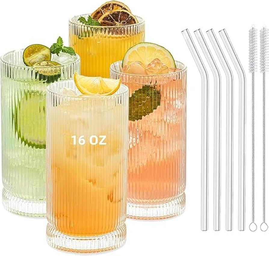 KEMORELA Vintage Ribbed Glassware Set, 16oz XL Drinking Glasses With Straws, Ribbed Glassware Set... | Amazon (US)