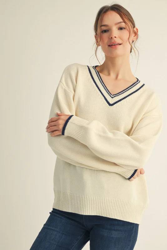 Cream Contrast Detail V-Neck Sweater | PinkBlush Maternity