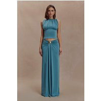Erina Slinky Ruched Maxi Skirt With Hardware - Teal I MESHKI I Size M | MESHKI US