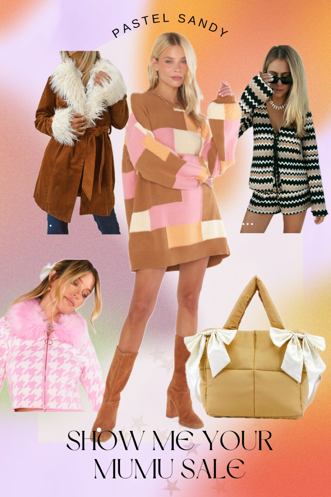 Show me your mumu faves🩷🤎!
The brown faux fur jacket & sweater dress are on sale 
Pastel Renaissance Dream Puff Bow Tote
SMYM houndstooth jacket and chevron set

#LTKMostLoved #LTKtravel #LTKsalealert