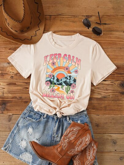 SHEIN LUNE Floral & Slogan Graphic Tee | SHEIN