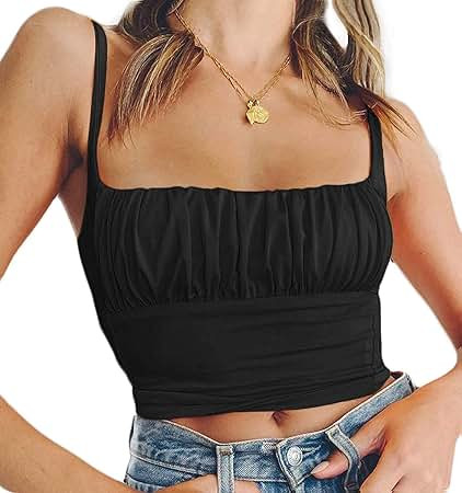 Amazon.com: Women Crop Tank Top Sexy Square V Neck Double Lined Ruched Corset Cute Cropped Sleeve... | Amazon (US)
