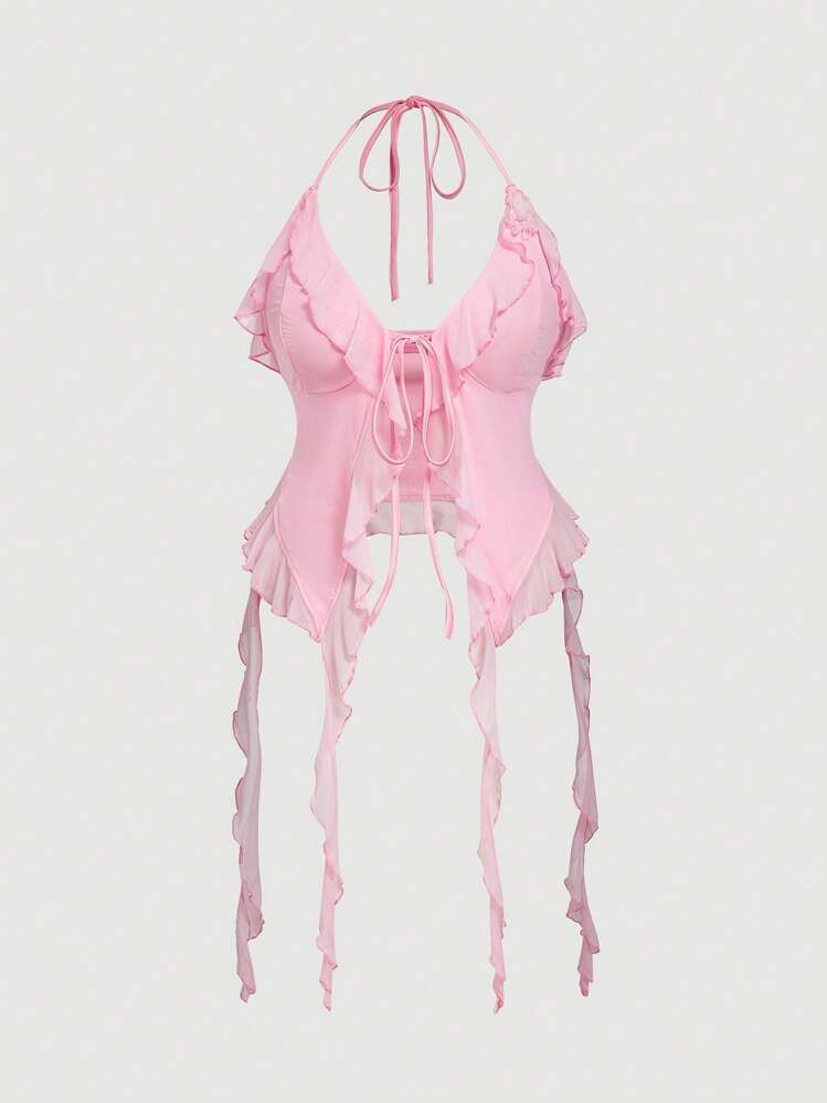 SHEIN MOD Plus Size Romantic Pink Ruffled Ribbon 3D Floral Design Halter Neck Top,Club Sexy,Going Out Top | SHEIN