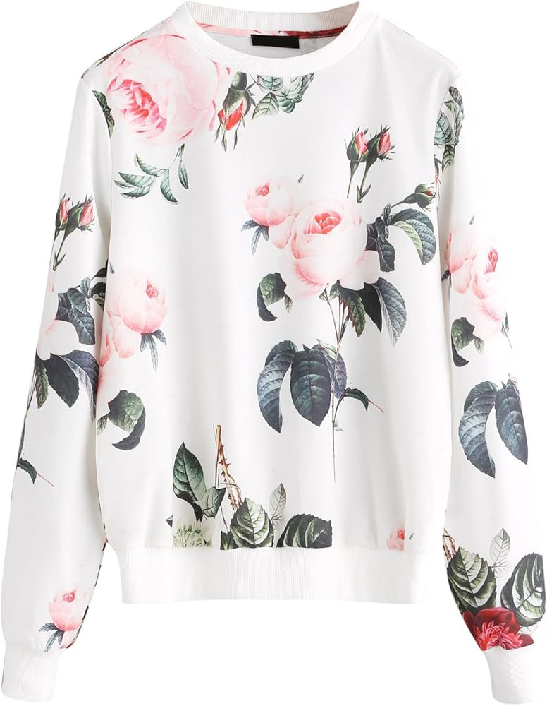 ROMWE Women's Casual Floral Print Long Sleeve Pullover Tops Lightweight Sweatshirt | Amazon (US)