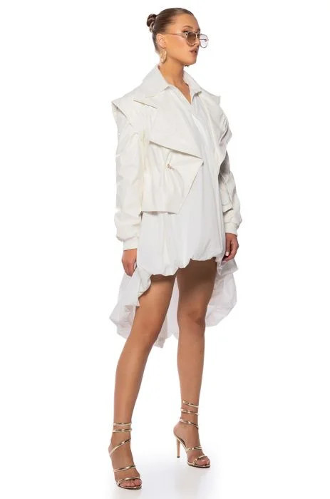SHE MEANS BUSINESS HIGH LOW BUTTON DOWN MINI DRESS in white | AKIRA