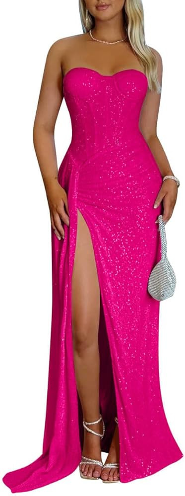 Sparkly Sequin Mermaid Prom Dresses for Women 2026 Strapless Long Corset Formal Evening Gown with... | Amazon (US)