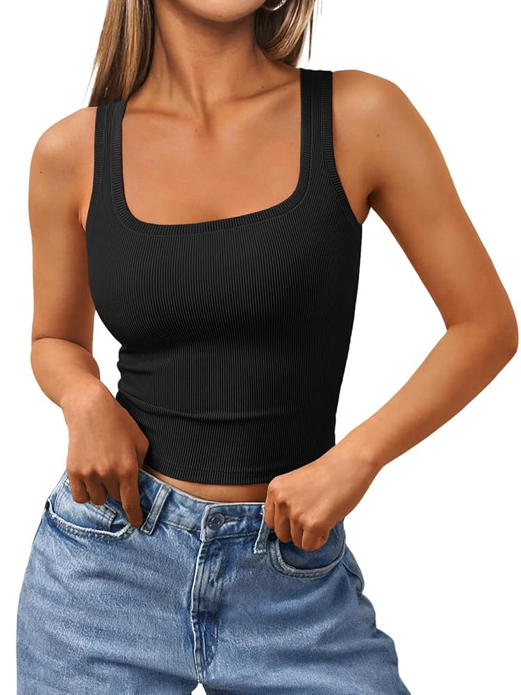 Trendy Queen Women's Summer Square Neck Tank Tops Workout Cropped Ribbed Summer Camisole Sleevele... | Amazon (US)