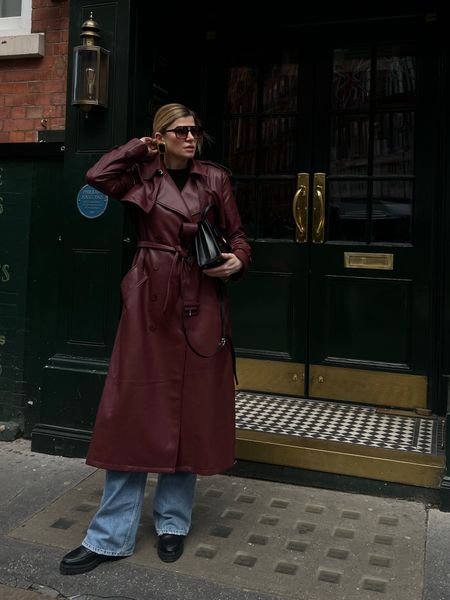 Burgundy trench, leather trench, cherry red coat, black loafers, launer bag, spring outfit

#LTKSeasonal #LTKeurope #LTKstyletip