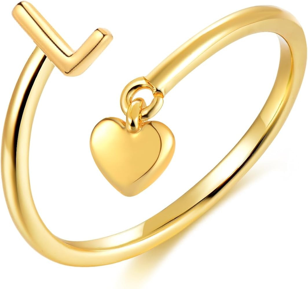 Gold Initial Rings for Women 14K Gold Plated Adjustable Rings Dainty Heart Stackable Letter Rings... | Amazon (US)