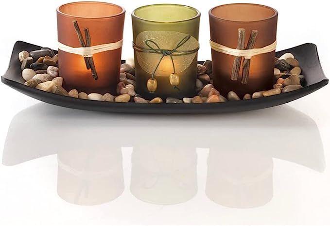 Natural Candlescape Set, 3 Decorative Candle Holders, Rocks and Tray | Amazon (US)