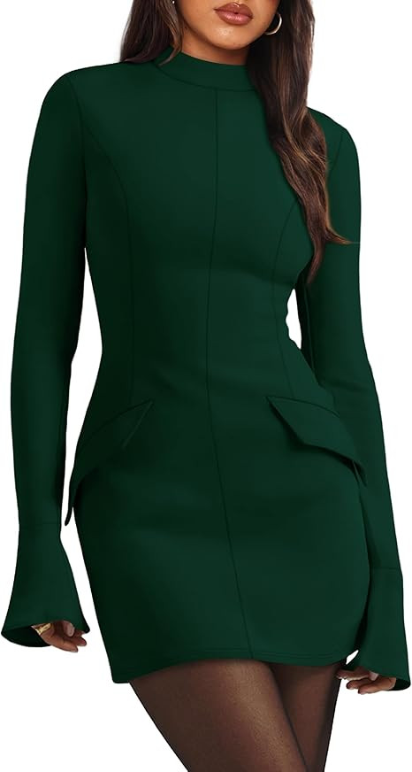 OFEEFAN Women's Fall Long Sleeve Mock Neck Dress Basic Party Club Bodycon Mini Dresses | Amazon (US)