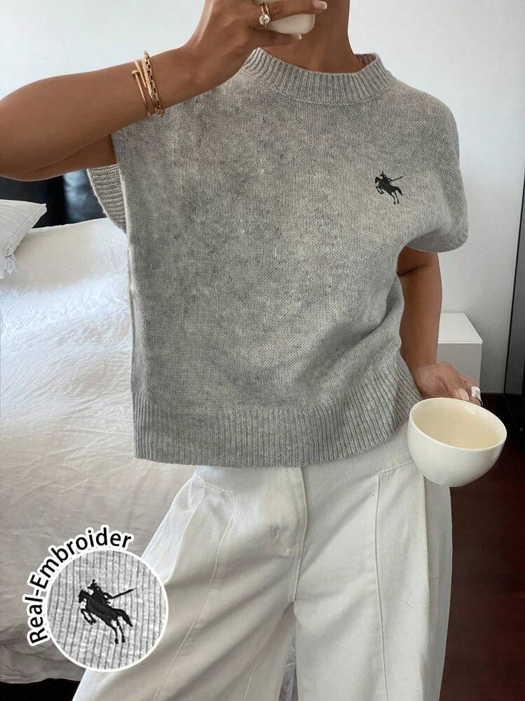 Siren Gaze Women Casual Loose Short Sleeve Knit Top With Small Logo Embroidery Fall Tops,Knitted Sweater | SHEIN