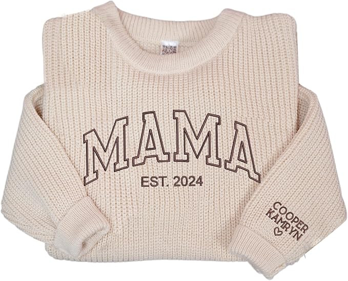 NAZENTI Embroidered Mama Knit Sweater, Custom Embroidered Mama Crewneck Sweatshirt, Mothers Day S... | Amazon (US)