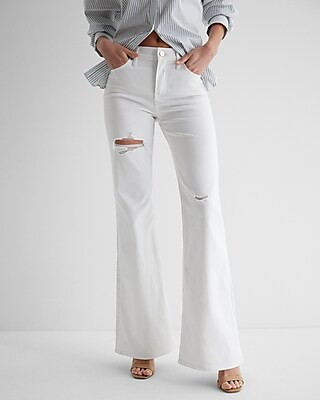 Express Women's Mid Rise White Ripped '70S Flare Jeans | Express