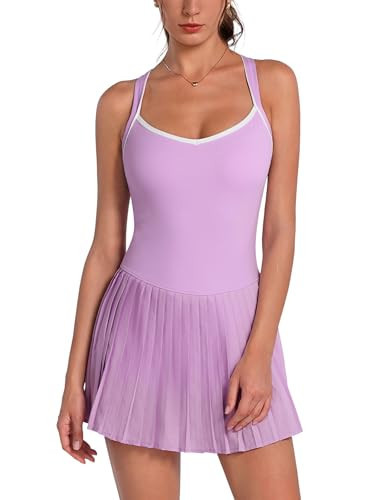 ABOCIW Tennis Dresses for Women Crossback Pleated Athletic Dress with Built in Bra & Shorts Sleeveless Summer Exercise Sports Active Workout Golf Dresses Purple X-Small | Amazon (US)