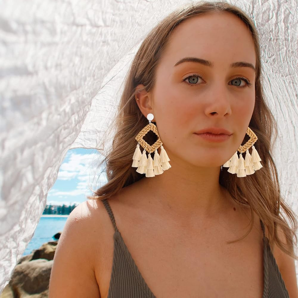 Sunssy 9 Pairs Rattan Earrings Tassel Earrings for Women Lightweight Acrylic Earrings Handmade St... | Amazon (US)