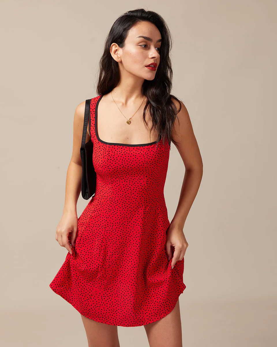 The Red Square Neck Heart Print Sleeveless Mini Dress | rihoas.com