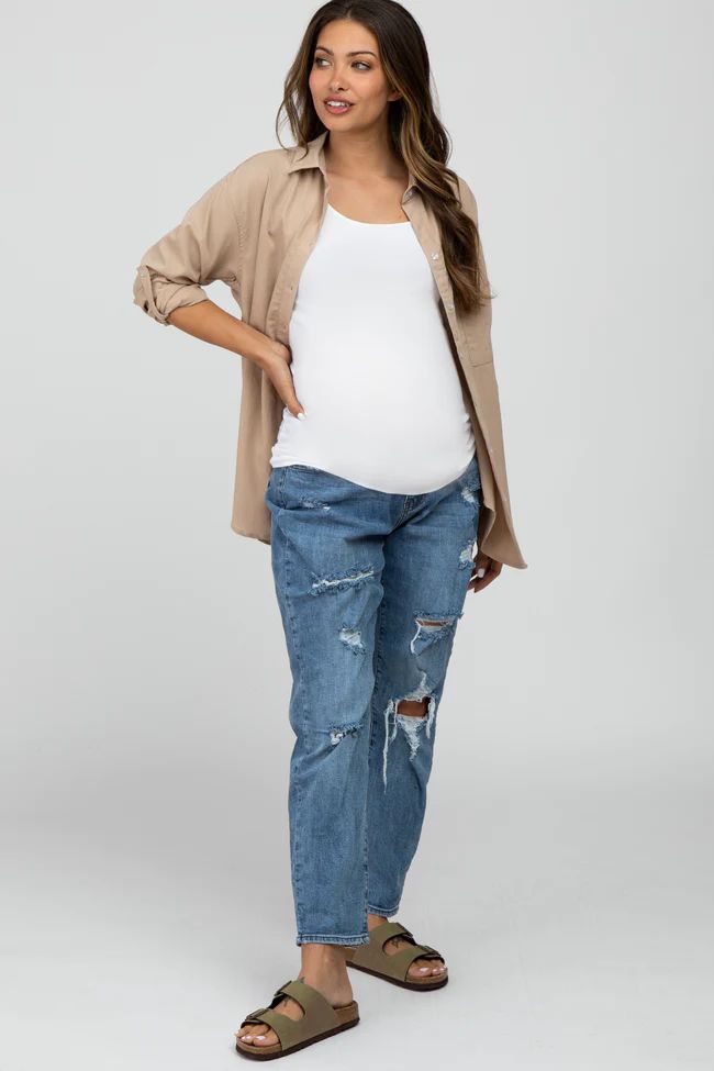 Blue Ripped Knee Distressed Maternity Jeans | PinkBlush Maternity