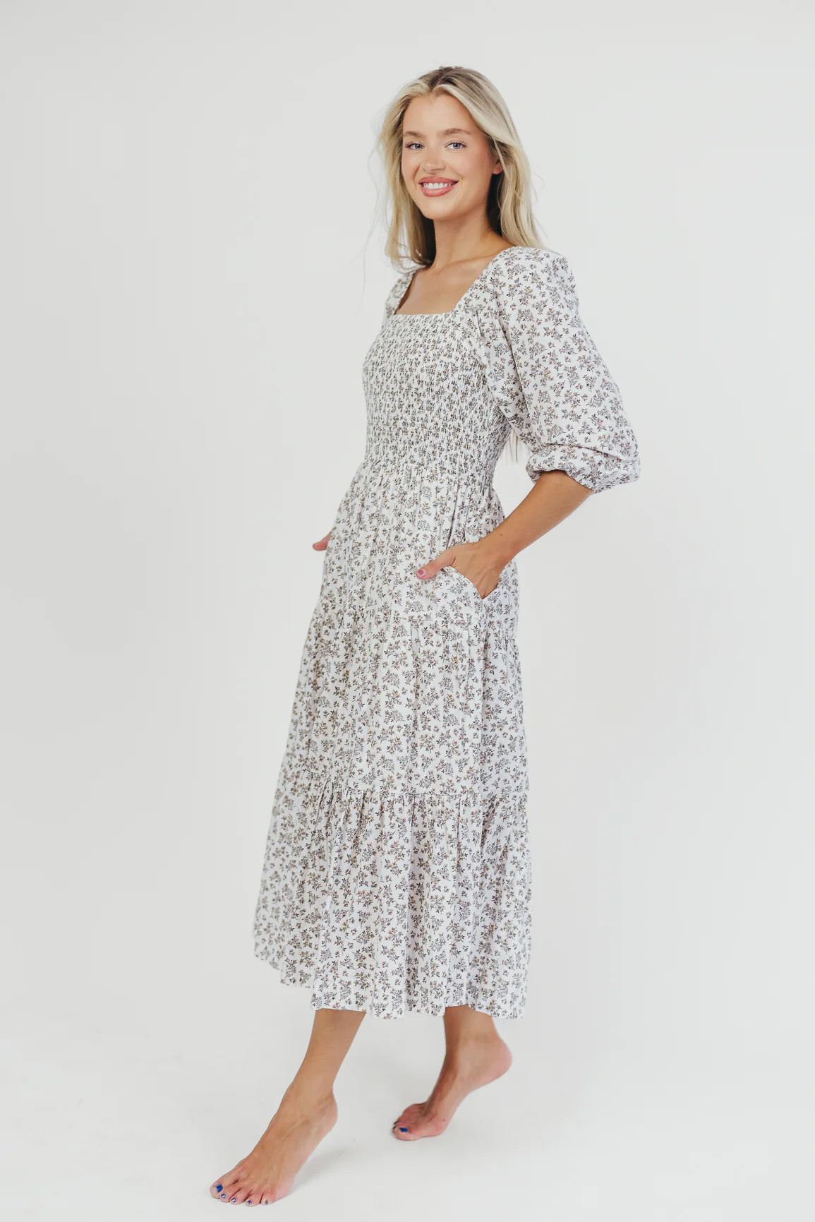 Taylor Cotton Smocked Midi Dress with Tiered Skirt in Off-White (XS-XL | Worth Collective