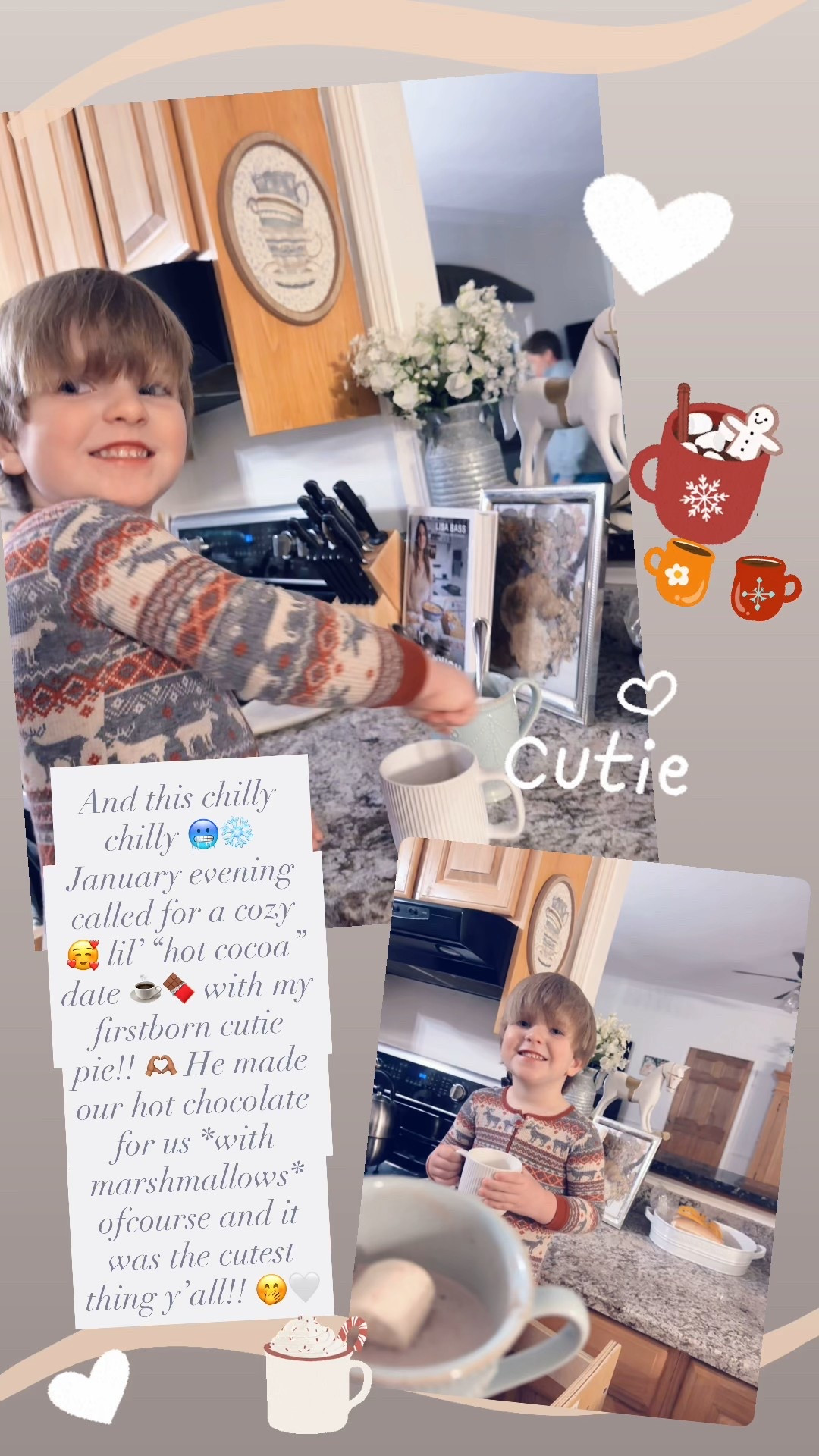 And this chilly chilly 🥶❄️ January evening called for a cozy 🥰 lil’ “hot cocoa” date ☕️🍫 with my firstborn cutie pie!! 🫶🏽 He made our hot chocolate for us *with marshmallows* ofcourse and it was the cutest thing y’all!! 🤭🤍