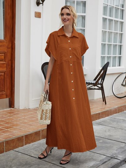 Button Through Raglan Sleeve Shirt Dress | SHEIN