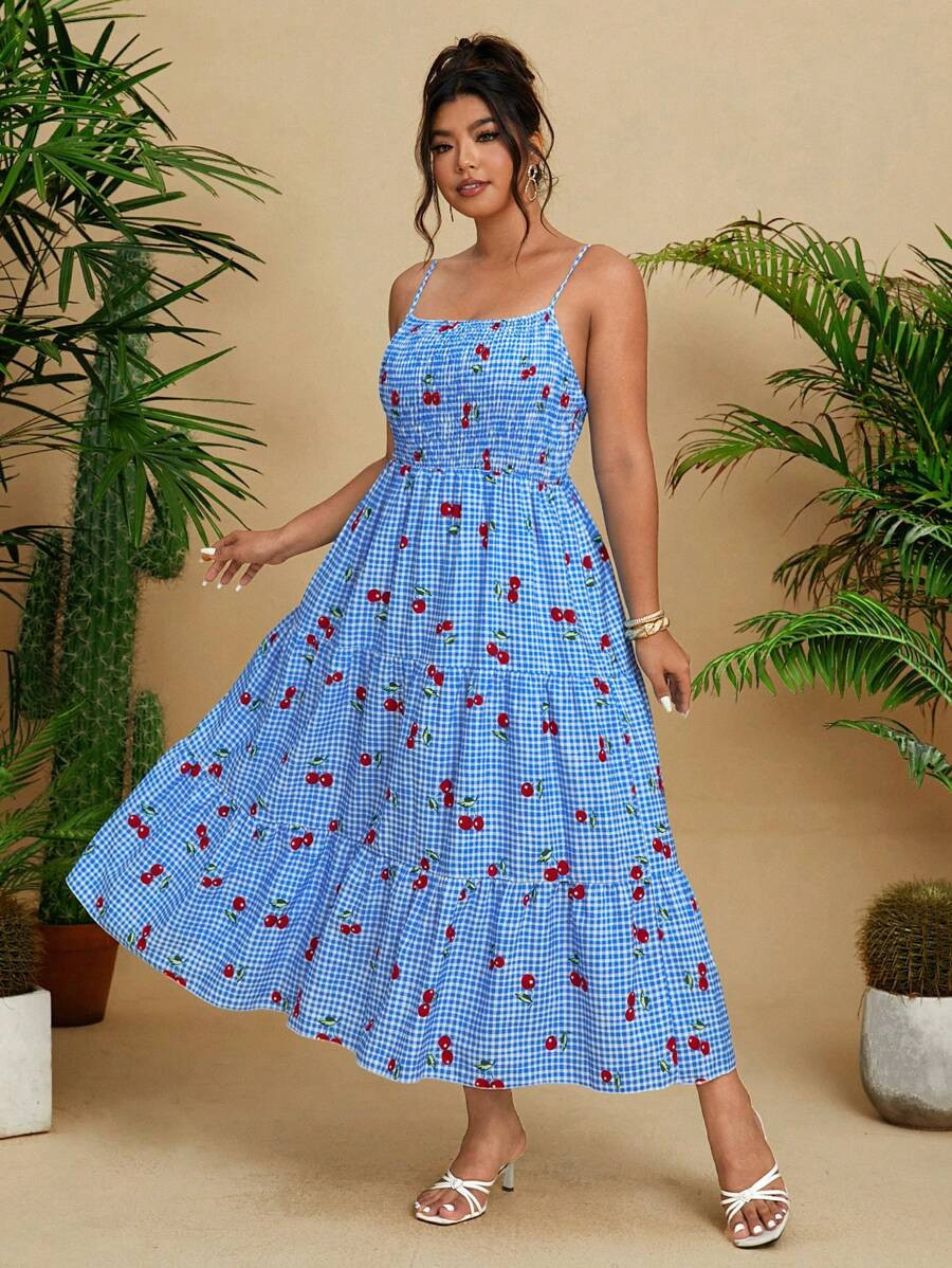 SHEIN SunnyBelle Plus Size Spring/Summer Elegant Women's Maxi Printed Cherry Vest Dress, With Dra... | SHEIN
