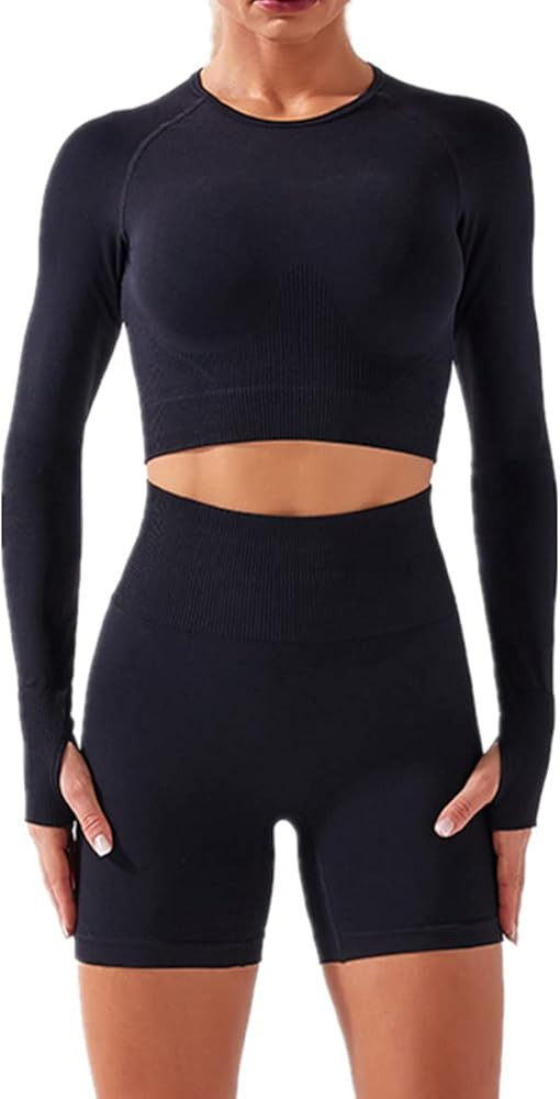 Women Seamless Yoga Outfits 2 Piece Workout Short Sleeve Crop Top with High Waisted Running Short... | Amazon (US)