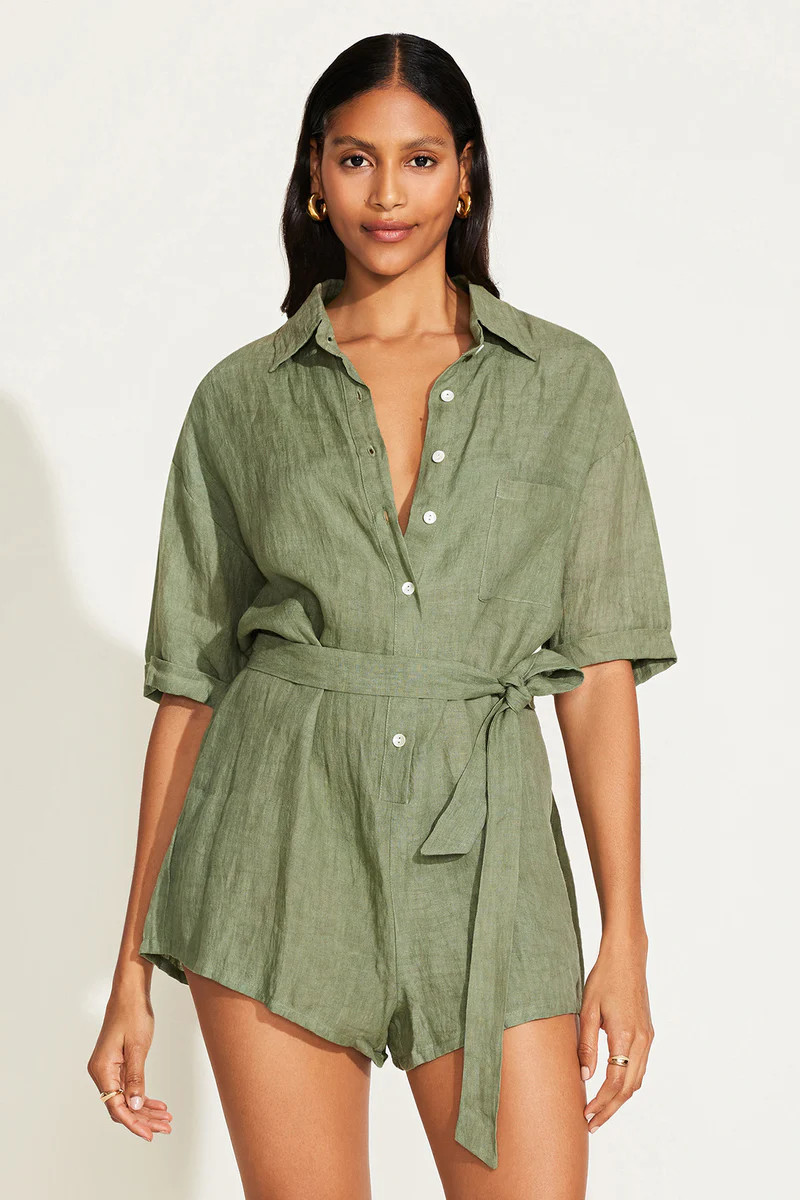 Vitamin A Playa Linen Short Romper Agave EcoLinen | Vitamin A Swim