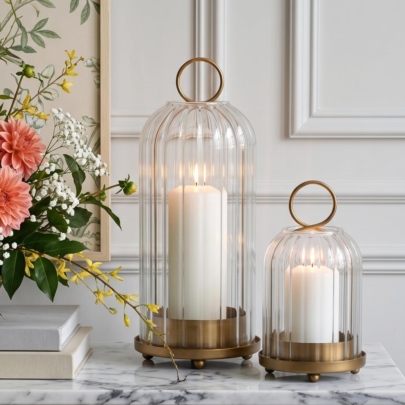5" & 4" Metal Candle Holder with Ribbed Glass Candle Lanterns Set of 2, Vintage Windproof Hurricane Pillar Candle Holder, Decorative Table Centerpiece Patio Decor, Brass | Amazon (US)