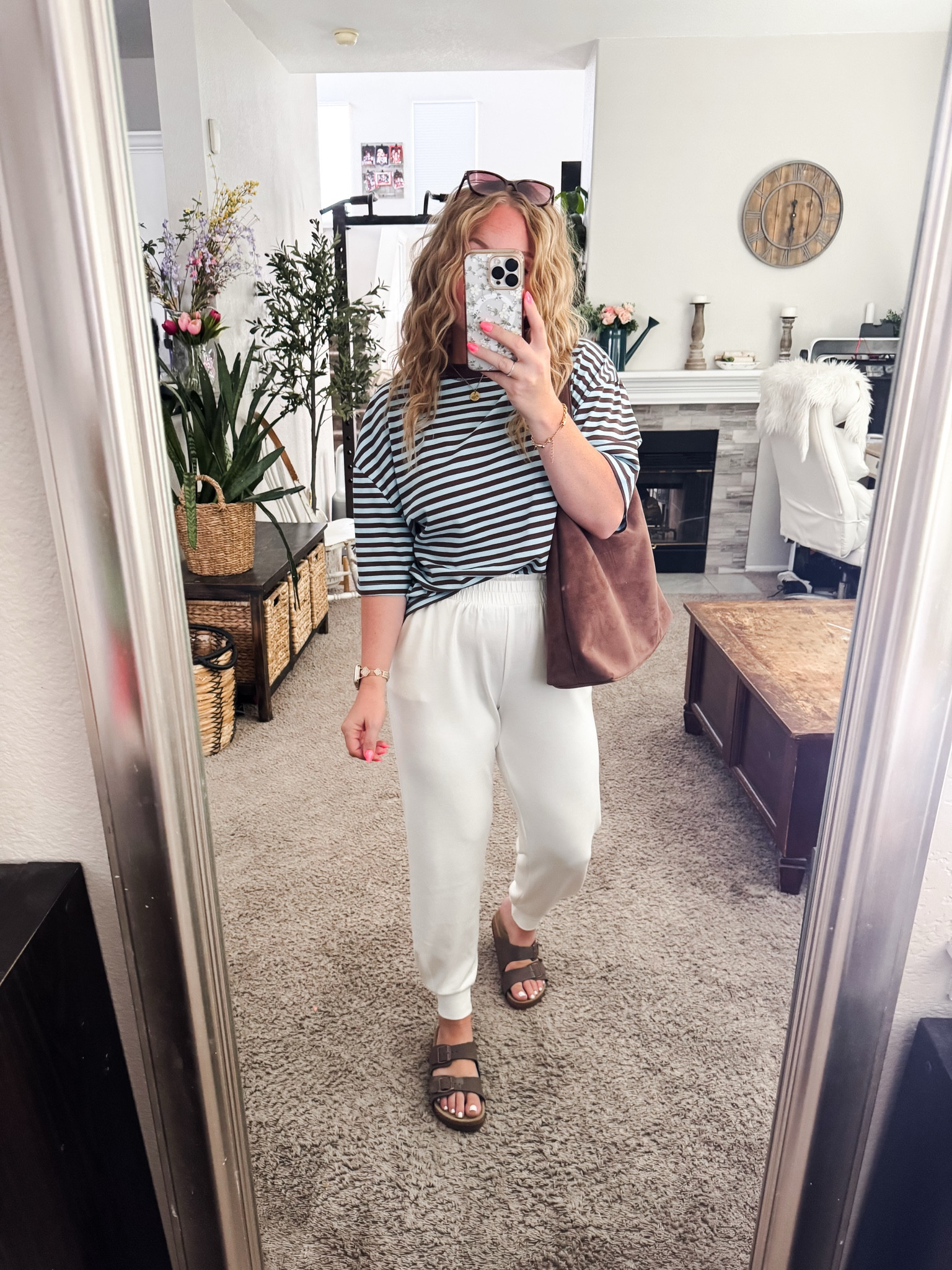 White sweatpants with a striped blue and brown oversized tee, Birkenstock look for less sandals and faux suede bag







Size 6/8 summer outfit ideas, midsize summer outfit, casual summer style, effortless everyday style, Amazon fashion midsize, petite Amazon fashion, coffee run outfit, SAHM outfits for summer

#LTKootd #LTKSaleAlert #LTKPetite