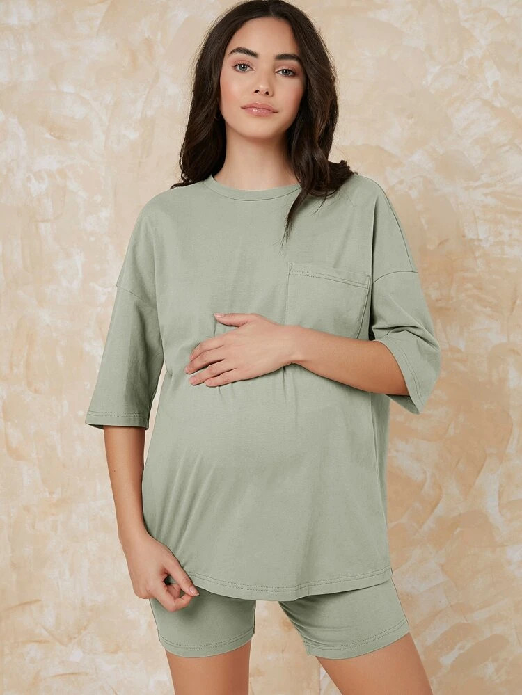 SHEIN BASICS Maternity Pocket Patched Drop Shoulder Tee and Legging Shorts PJ Set | SHEIN