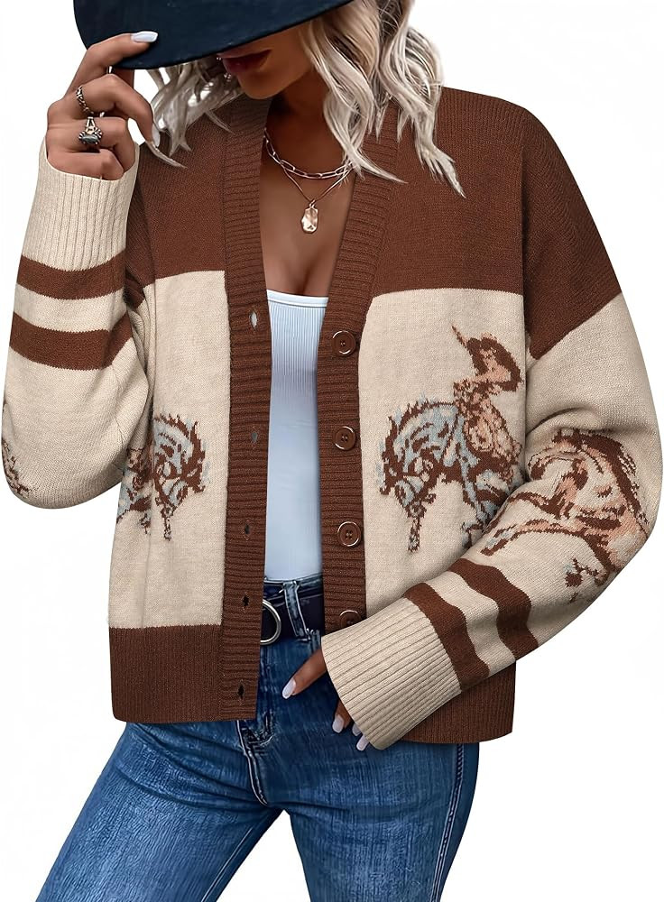 MYMORE Women's Western Cowgirl Graphic Horse Cardigan Vintage Print Sweater | Amazon (US)