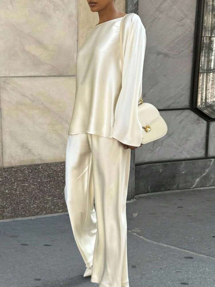 Siren Gaze Butter Yellow Wedding Guest Dress Women Loose-Fitting Trousers Old Money Style Lounge Sets For Women Teacher Outfits For Women Satin Sheen Bright Yellow Round Neck Flared Sleeves Loose Top Elastic Waistband Trousers Wide Leg Pants 2pcs Women Solid Color Round Neck Long Sleeve Shirt And Pants, Casual Set | SHEIN