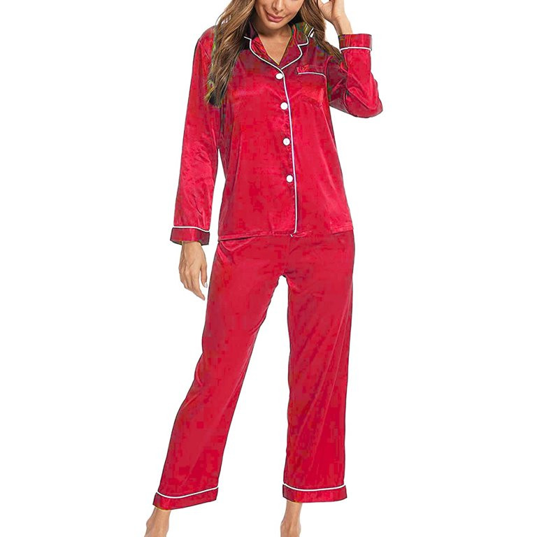 Lazybaby Womens Silky Satin Pajamas Long Sleeve Loungewear Two-piece Sleepwear Button-Down Pj Set | Walmart (US)