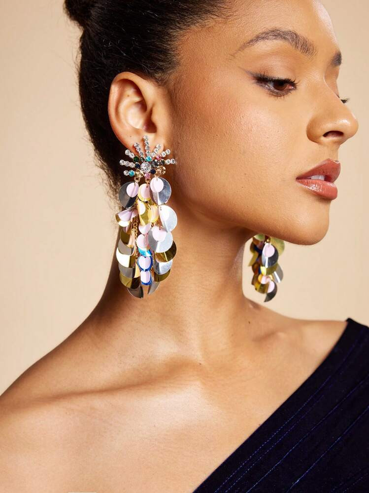 SHEIN SXY Women Fashionable Exaggerated Colorful Crystal Disc Earrings | SHEIN