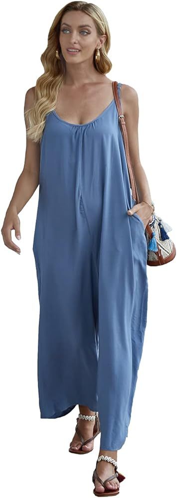 wexcen Womens Floral Printed Jumpsuits Casual Sleeveless Spaghetti Strap Rompers Wide Leg Pants w... | Amazon (US)