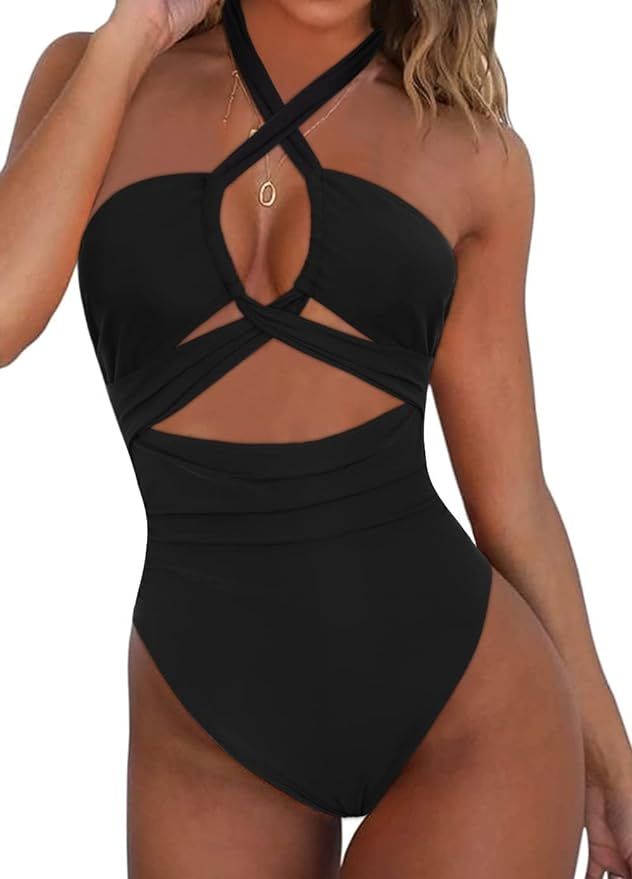 Hilor Women's One Piece Swimsuit Sexy Cutout Halter Bathing Suits Crossover High Cut Monokini Swi... | Amazon (US)