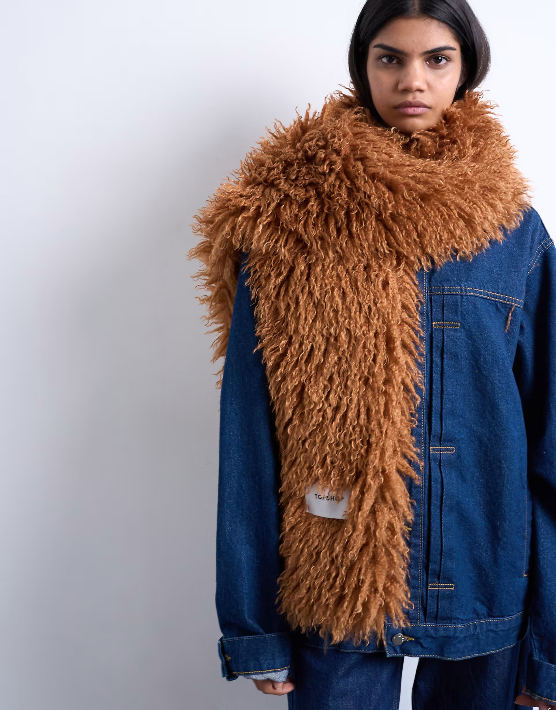 Topshop Sara shaggy faux fur blanket scarf in tan | ASOS (Global)