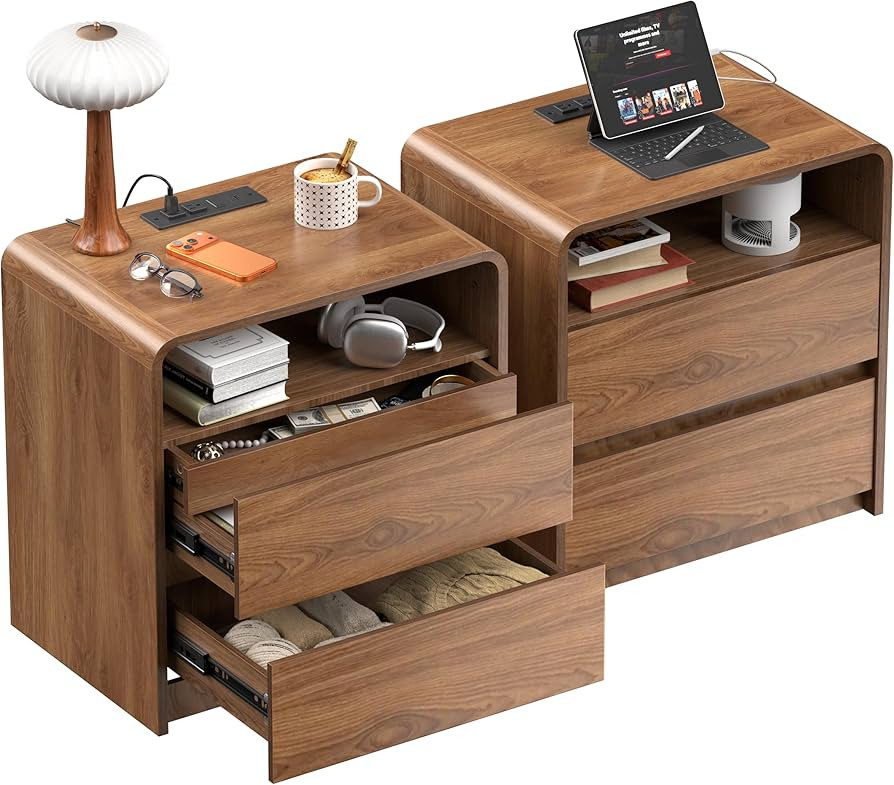 Modern Nightstand Set of 2 23.8" Walnut Nightstands with Hidden Drawers Wood Modern Bedside Table... | Amazon (US)