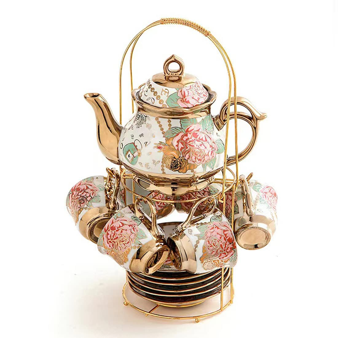 Gold Plated Red Rose Ceramic Tea Set, Vintage Tea Set with Teapot, Beautiful Tea Set Coffee Serving  | Amazon (US)
