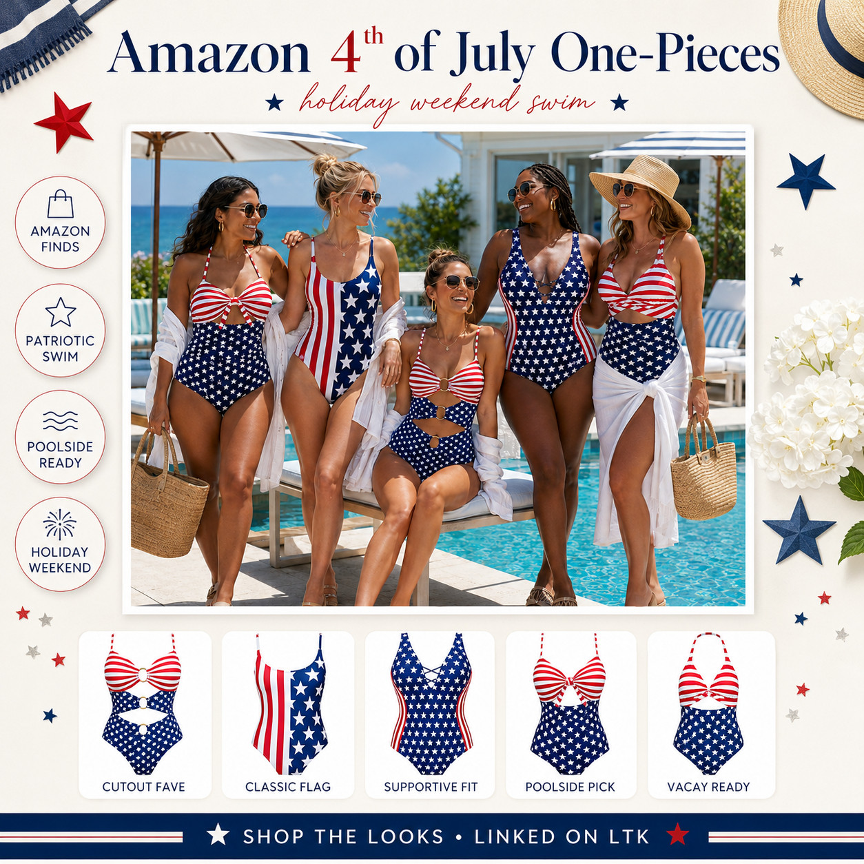 Amazon Summer | Fourth of July Edit | Red, White & Blue One Piece Swimsuits

The patriotic one-piece swimsuits that make holiday weekend swimwear feel bold, flattering, and instantly poolside-ready. 🇺🇸

These Amazon 4th of July one-pieces are perfect when you want a swimsuit that feels festive for the holiday but still cute enough to wear for more than one summer weekend. 

The red, white, and blue prints give that classic patriotic swim vibe, while the one-piece silhouettes make them easy, flattering, and comfortable for real beach and pool days.

This is the edit to check first for Fourth of July weekend, lake days, pool parties, boat days, beach trips, resort vacations, backyard BBQ swims, and holiday weekend getaways. 

It solves the “I want a festive swimsuit that still feels wearable and flattering” problem — fun enough for photos, supportive enough for all-day plans, and easy to style with a white cover-up, denim shorts, sandals, sunnies, or a straw tote.

I love that these feel like statement swim without needing much else. 

The cutout styles feel fun, the flag-inspired prints are classic, and the supportive one-piece options make it easy to find a look that feels confident and comfortable.

I pulled together the Amazon swim styles worth checking first so you can skip the endless scroll and go straight to the holiday-ready one-pieces that feel the most flattering, photo-ready, and worth packing.

📌 SAVE this for Fourth of July swimsuit ideas, patriotic one-piece swimsuits, and holiday weekend swim looks that make getting pool-ready easy.

↓ Everything is linked!

#LTKSaleAlert #LTKSwim #LTKTravel