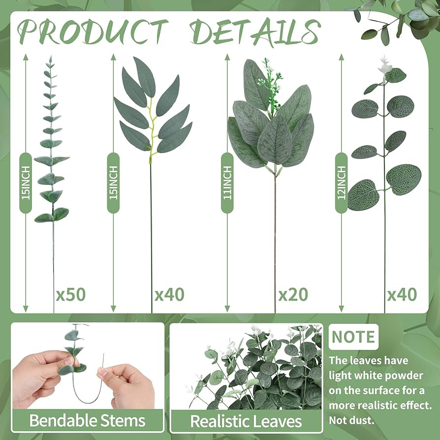 150 Pcs 4 Kinds Mixed Artificial Eucalyptus Leaves Stems Bulk Fake Silver Dollar Eucalyptus Bundl... | Amazon (US)