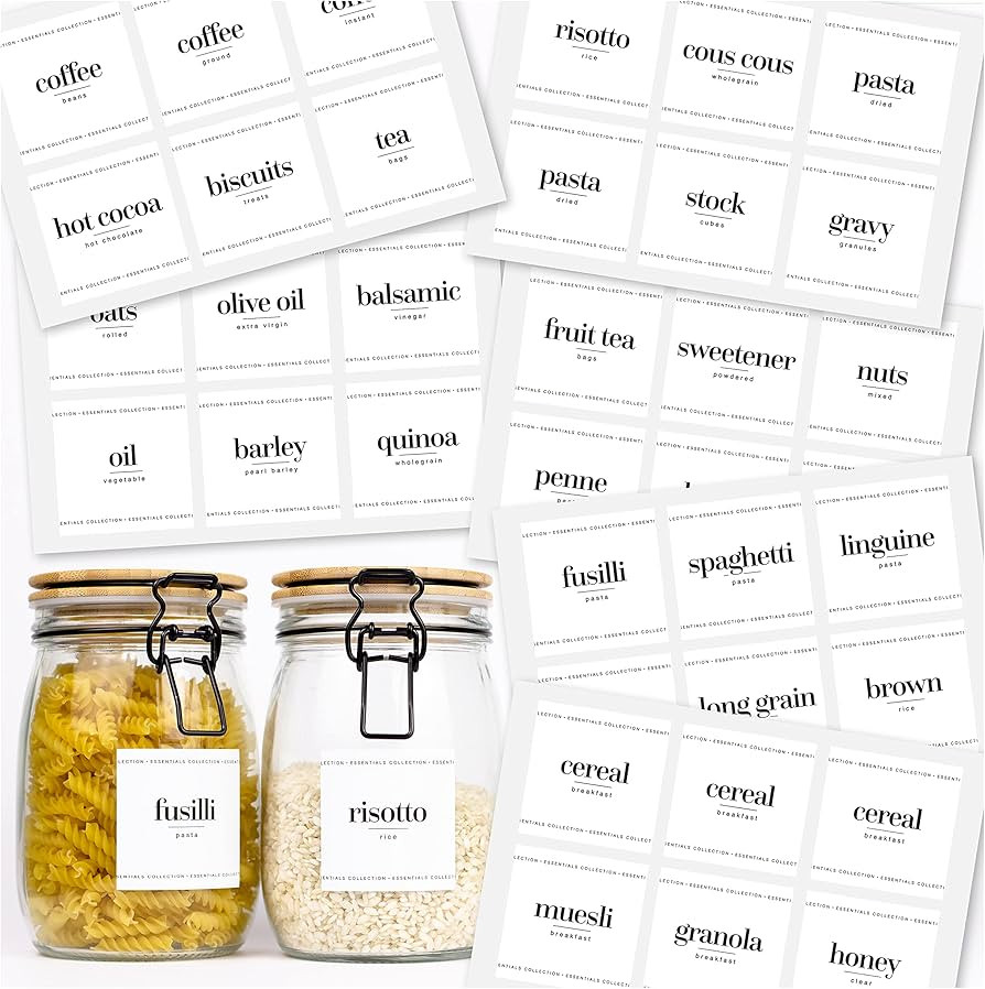 36 x Essential Collection Labels for Jars - Contemporary Printed White Sticky Labels for Kitchen ... | Amazon (UK)
