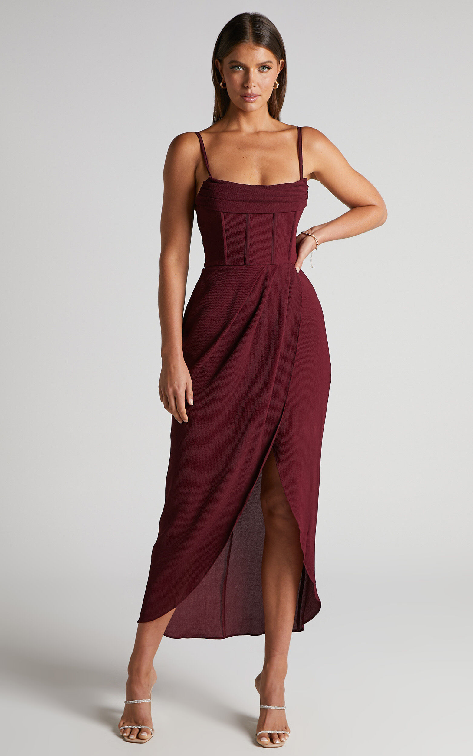 Andrina Midi Dress -  High Low Wrap Corset Dress in Wine | Showpo (US, UK & Europe)