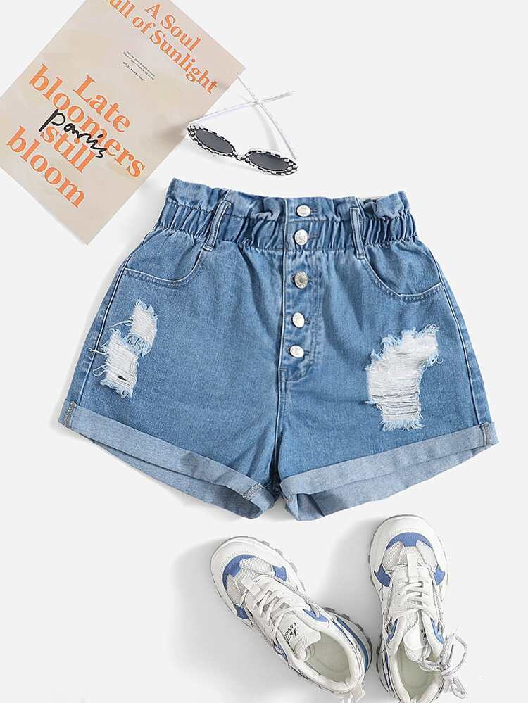 Paperbag Waist Ripped Roll Hem Denim Shorts
       
              
              $14.00  
       ... | SHEIN