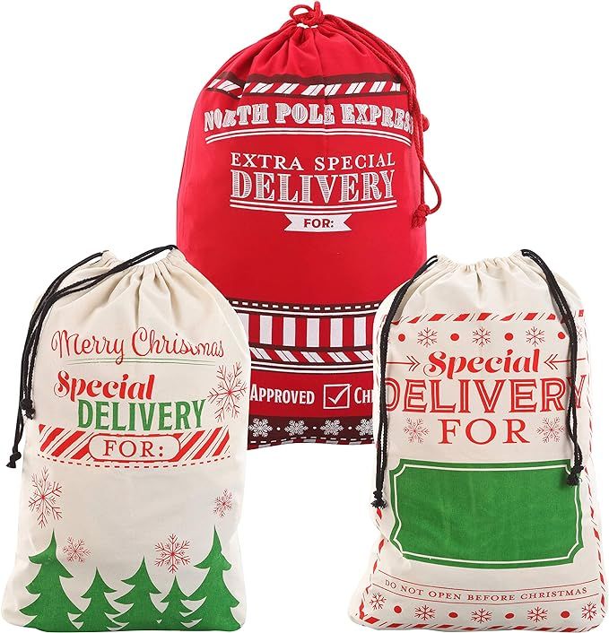 JOYIN 3 Packs Christmas Gift Bags, Santa Burlap Sack with Drawstring 26" x 19" for Large Xmas Pac... | Amazon (US)